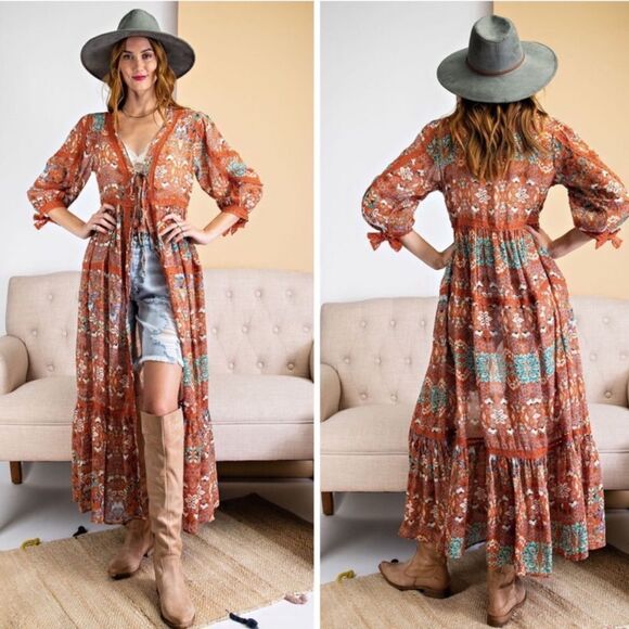 Tie Waist Boho Geo Print Breezy Ruffle Maxi Kimono Duster - Picture 2 of 6